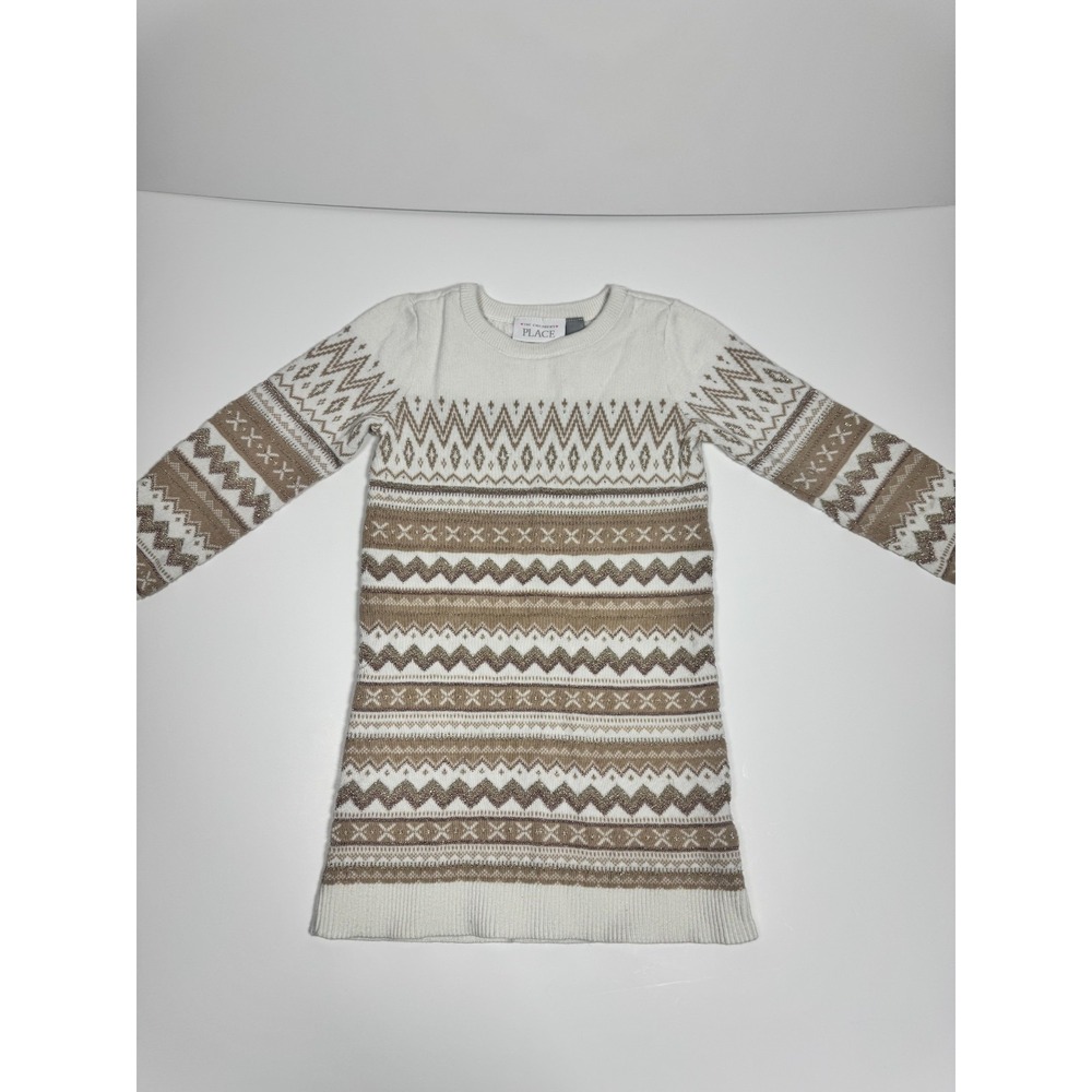 The Children's Place‎ Sweater Dress Girls 4T Ivory Tan Fair Isle Metallic Knit